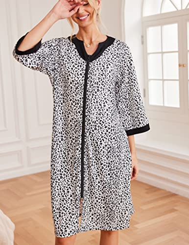 Ekouaer Women Robes Zipper Front Short Sleeve Knee Length Housecoat With Pockets Loungewear,White Leopard Print S #TOP4