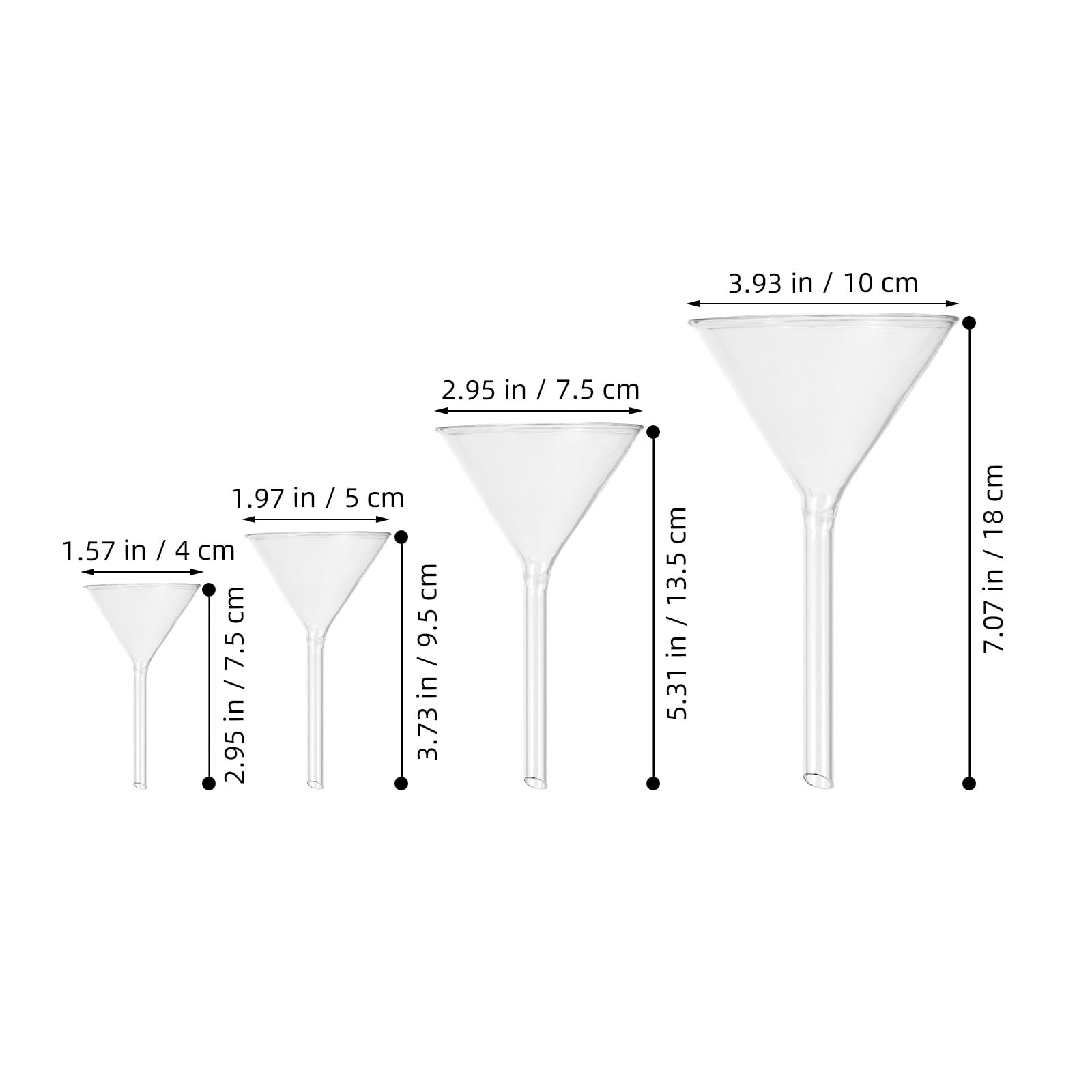 Embudos de Vidrio Cortos 4 Piezas (40mm, 50mm, 75mm, 100mm) Resistentes Temperatura para Laboratorio y Cocina, Embudo Triangular Transparente para Filtración y Transferencia