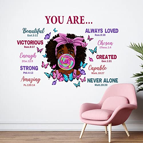 Mfault Black Girl Magic You Are Beautiful Inspirational Wall Decals Stickers, Religious Quote Lollipop Butterfly Nursery Decoration African American Bedroom Art, Positive Afro Kid Teen Room Home Decor #TOP3