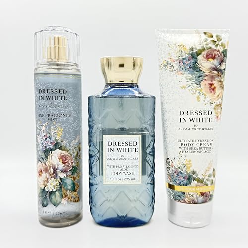 Bath & Body Works Dressed in White 3-Piece Set | Includes: Fine Fragrance Mist Body Wash and Ultimate Hydration Body Cream