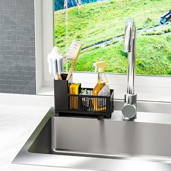 Rustproof Kitchen Sink Organizer for Countertop,Multifunctional Sink Organizer Caddy & Organization,Scrub Brush and Sponge Holder,Plastic Sink Storage Rack,Sponge Drain Rack,Dish Soap Dispenser,Black