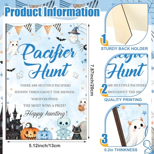 Image of Thyle 51 Pcs Blue Halloween Pacifier Hunt Baby Shower Games Cute Pumpkin Ghost Baby Shower Game Decoration Include Hunt Sign and Acrylic Pacifiers Gift Sets for Halloween Gender Reveal Party Decor