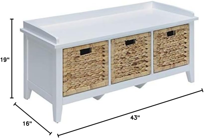 BOWERY HILL Rectangular Storage Bench, 43" W x 19" H x 16" D, Solid Wood Veneer MDF, White Finish, 3 Basket Drawers, Low-Profile Design, Living Room, Entryway, Bathroom, Dressing Area