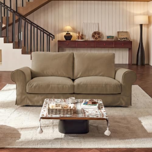 80" Oversized Cloud Loveseat, Classic Farmhouse Water-Repellent Chenille Slipcover Sofa, Low & Deep Seat Rolled Arm Couch for Living Room, Brown