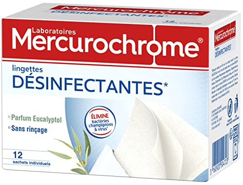 MERCUROCHROME - Lingettes Désinfectantes Individuelles - Eliminent Bactéries Champignons/Virus - 12 Sachets