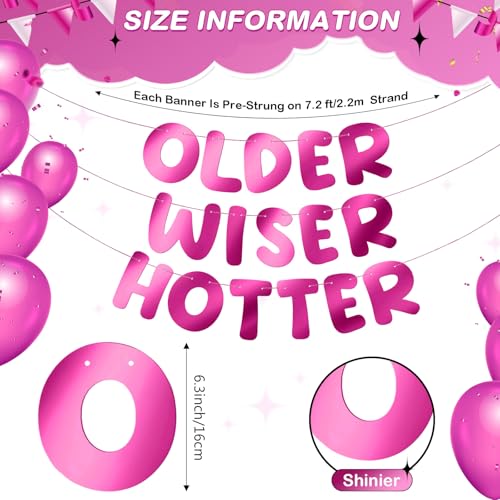 Image of Fulmoon Set of 3 Pre Strung Older Wiser Hotter Glitter Banner Funny Birthday Banner for Women 30th 40th 50th 60th 70th 80th Birthday Party Decorations Sign Gift(Bright Hot Pink)