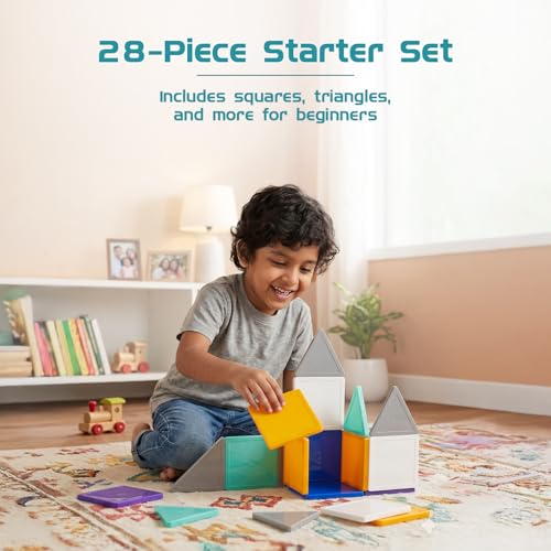 Image of Amazon Brand - Jam & Honey Magnetic Tiles Building Blocks for Kids 3+ Years - 28 pcs | STEM Learning Educational Toy | Creative & Constructive Play | Brain Development Toy | Pro Solid Opaque Set | Multicolour