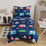 Caressma Navy Toddler Bedding Set Bed-in-a-Bag 4 Pieces, Soft Microfiber Kids Comforter with Cars,Buses & Traffic Lights Pattern, Includes Comforter, Fitted Sheet, Flat Sheet & Pillowcase