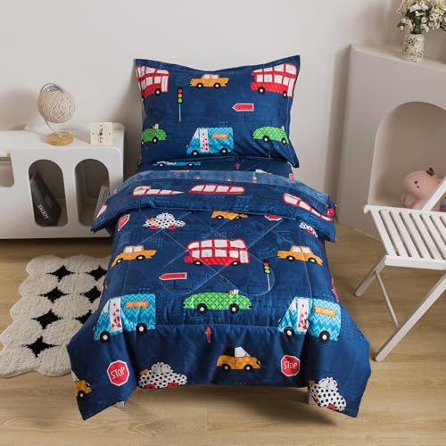 Caressma Navy Toddler Bedding Set 4 Pieces Boys Comforter with Car Print