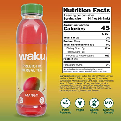 Waku Prebiotic Herbal Iced Tea | Mango | Caffeine Free, Zero Sugar, Real Brewed | Gut Healthy Drinks, 5G Of Prebiotic Fiber | 12 Pack - 14Oz Pet Bottles #TOP1