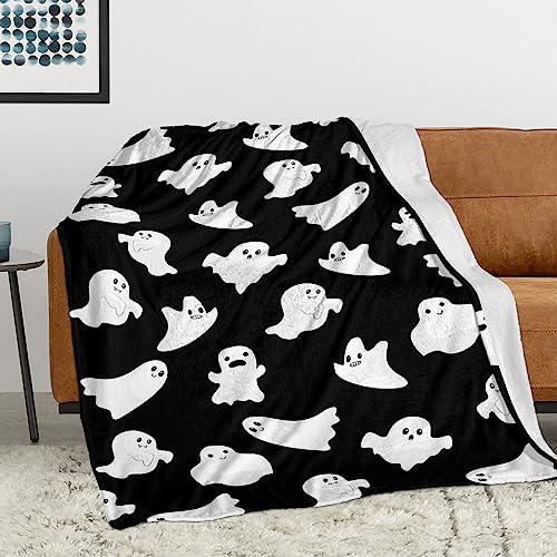 Nextchange Divertida manta de fantasma, decoración espeluznante, manta de fantasma para picnic, camping, viajes, ligera, mullida, acogedora, color blanco y negro, manta de Halloween para sala de