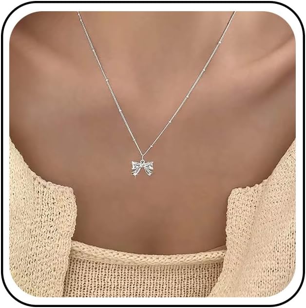 Bow Pendant Necklace Silver Bow Knot Pendant Necklace Small Bow Tie Pendant Necklace Tiny Beads Chain Necklace Minimalist Choker Necklace Chain Jewelry for Women and