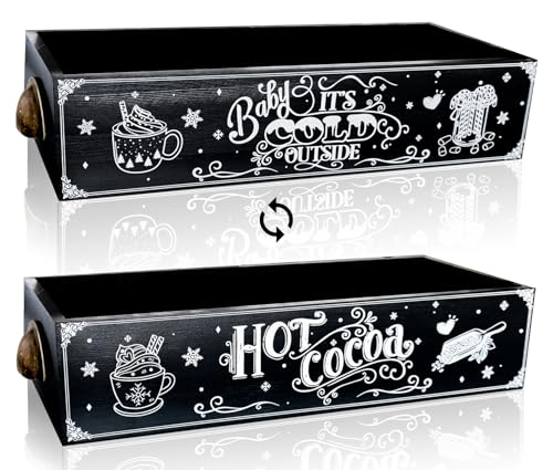Ushinemi Hot Cocoa Bar Wood Storage Box, Cute Christmas Wooden Storage Bins Decorative, Hot Cocoa Bar Supplies Table Organizer Xmas Decor for Home Kitchen Office Farmhouse, Black