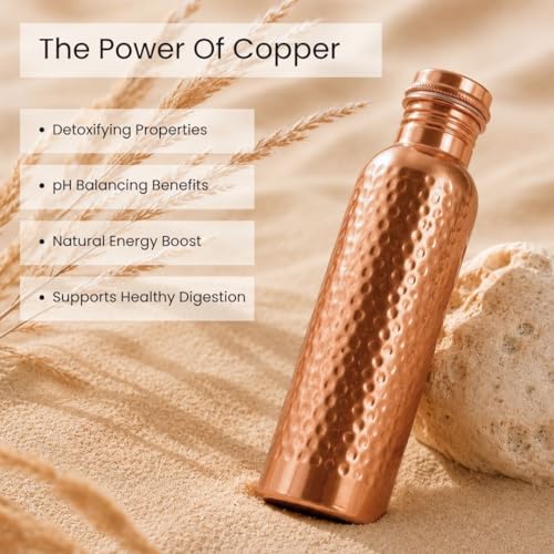 Image of Hammered Copper Water Bottle 950ml | 100% Pure Copper Tamba Jal | Handcrafted Ayurvedic Drinkware for Daily Hydration & Wellness | Leak-Proof Copper Bottle