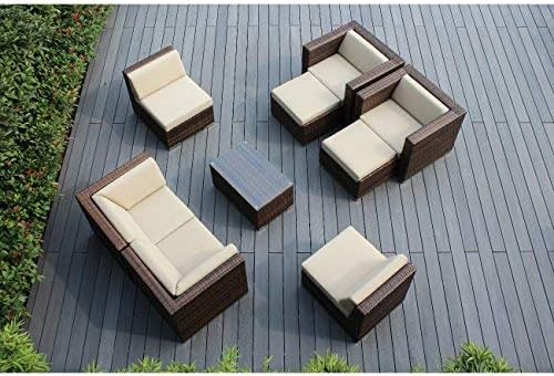 Ohana 9-Piece Outdoor Patio Furniture Sectional Conversation Set, Mixed Brown Wicker with Beige Cushions - No Assembly with Free Patio Cover