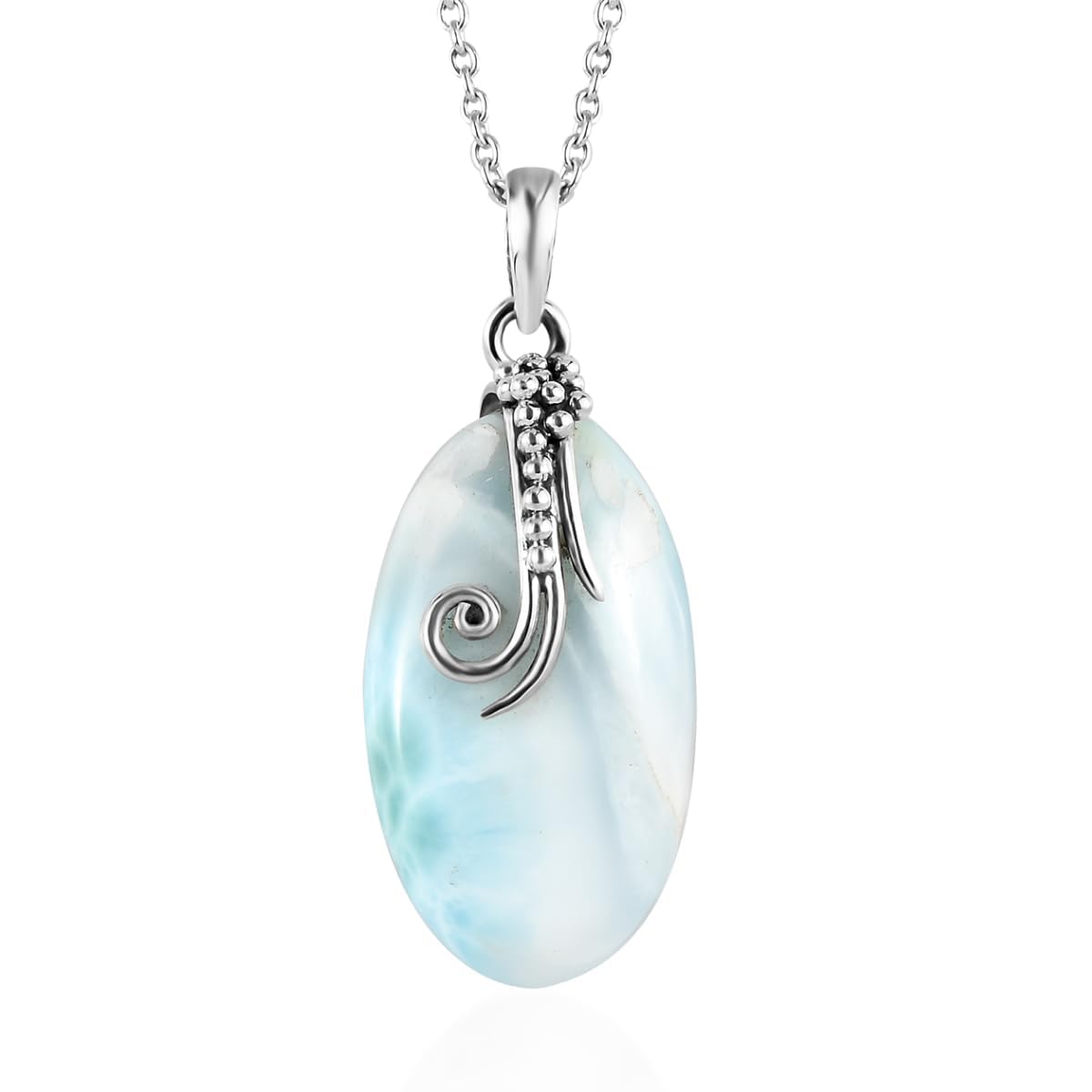 PHNX925 Sterling Silver Larimar Pendant with Chain, Natural Stone Pendant Jewelry with Chain for Women Silver Flower Design on Stone Pendant or Necklace Gift item for Valentine,Engagement