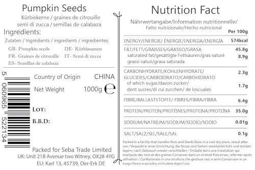 Seba Garden Kürbiskerne, 1000 g, Güteklasse AA, Rohproteinquelle, GWS (ohne Schale gewachsen), hoher Fasergehalt, Eisenquelle, gentechnikfrei (AA-Klasse)