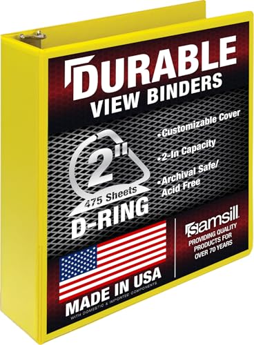Image of Samsill Durable 2 Inch Binder, D Ring Binder, Customizable Clear View Cover, Lemon Yellow, Holds 475 Pages