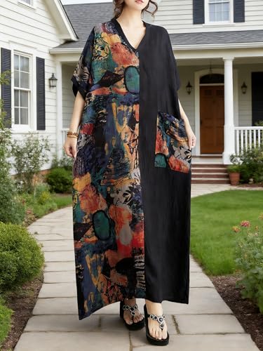 Image of Plus Size Summer Dress Printed V Neck Casual Loose Long Dresses with Pockets
