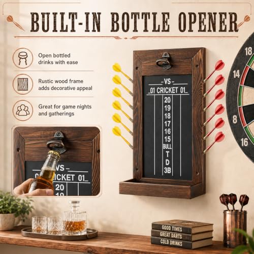 Thenshop Dart Scoreboard with Darts Holder and Bottle Opener, Wall Mounted Cricket Scorekeeper with Chalkboard, Wooden Dart Board Accessory for Game Room, Home Bar and Man Cave by Thenshop - Used condition - Image 4