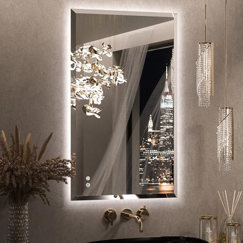 Keonjinn 40 x 24 Inch Backlit LED Mirror for Bathroom, Beveled Frameless Mirror with Backlight, Safe...