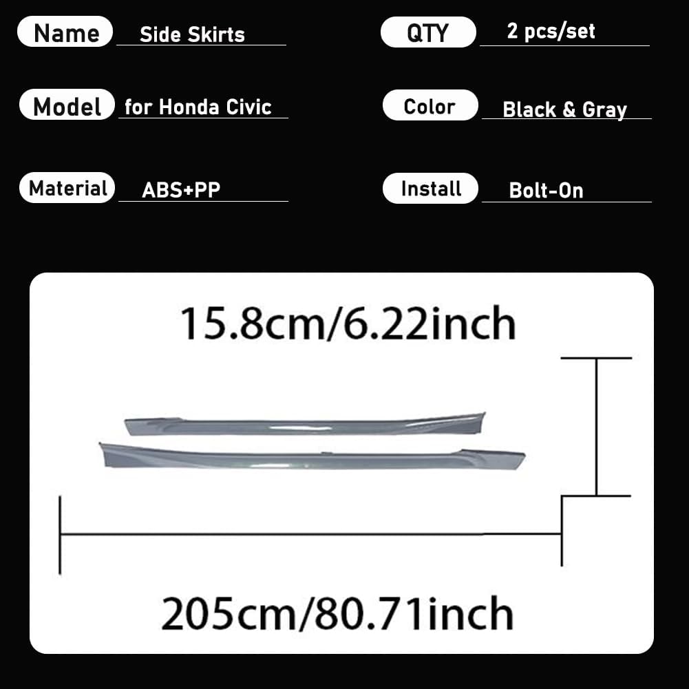 Side Skirts Extensions for Honda Accord 10th 10.5th 4 Door 2018-2022 | Yofer Style PP Sonic Grey Rocker Panel Lip Splitter BOLT-ON Extension Kit