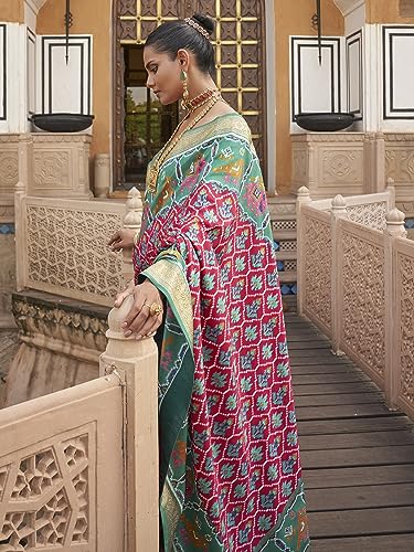 Image of SAREE MALL Women's Ikat Printed Tassels and Latkans Patola Silk Saree With Unstiched Blouse Piece (MORKLA588 RW Parent)