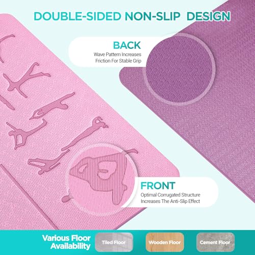 Yoga Mat with Alignment Lines,TPE 6mm Sports Exercise Mat,Non-Slip,for Gymnastics,Pilates,Home, Travel,Gymnastics Mat with Storage Straps,Yoga Mats for Women and Men,183x61x0.6cm - Image 4