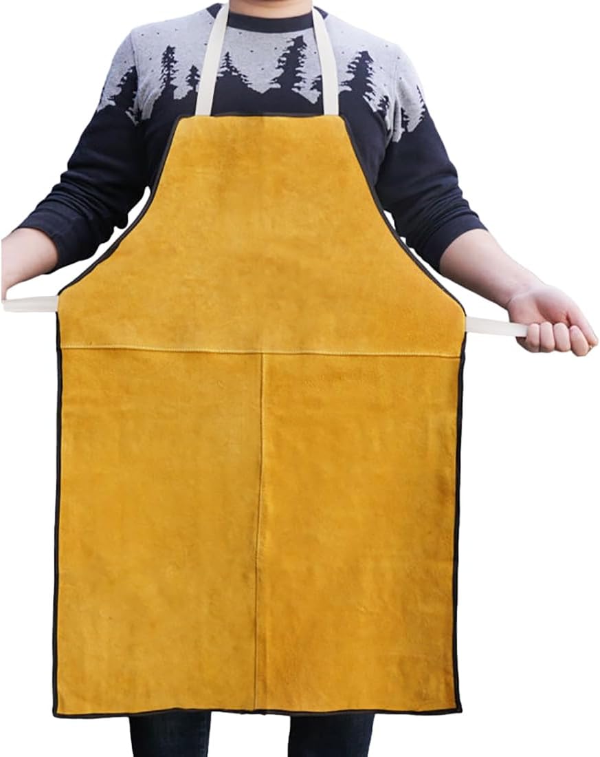 SIQITECHNO Leather Welding Apron - Cowhide Heat Flame Resistant Work Bib for Blacksmith, Woodworking Workshop - Heavy Duty Safe for Men Women - 34" Length, Yellow, 86.5cm x 59cm