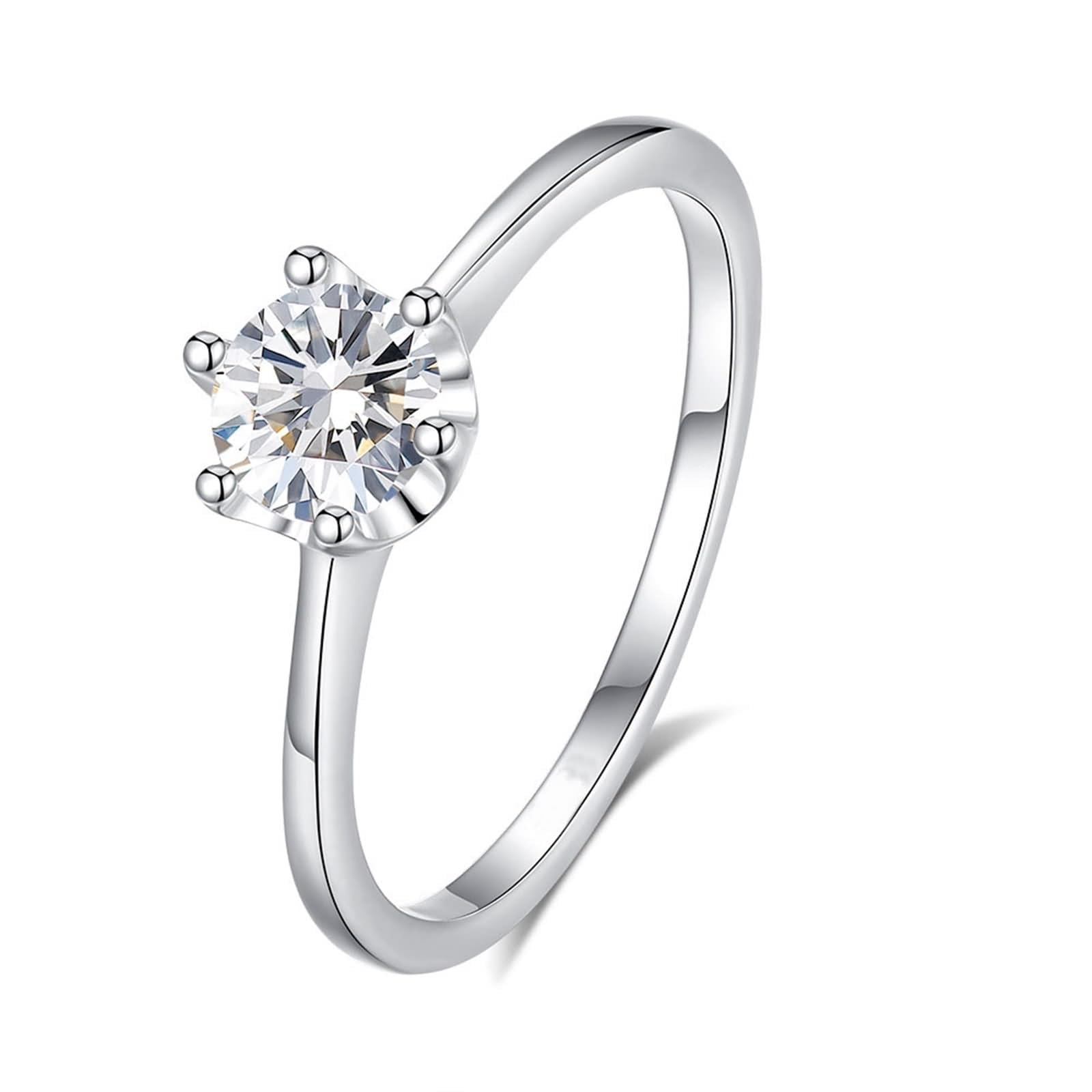 Eheringe, Verlobungsring Vintage Polierter Dünner Solitärring mit 5 mm Rundem Moissanit Silber 18K Weißgold Größe 47 (15.0)