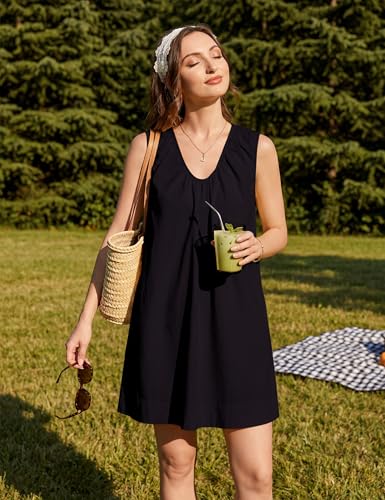 Image of MISSACTIVER Women's Sleeveless Babydoll Tank Mini Dress Scoop Neck Ruched Short Dress with Side Pockets Summer Party Dresses