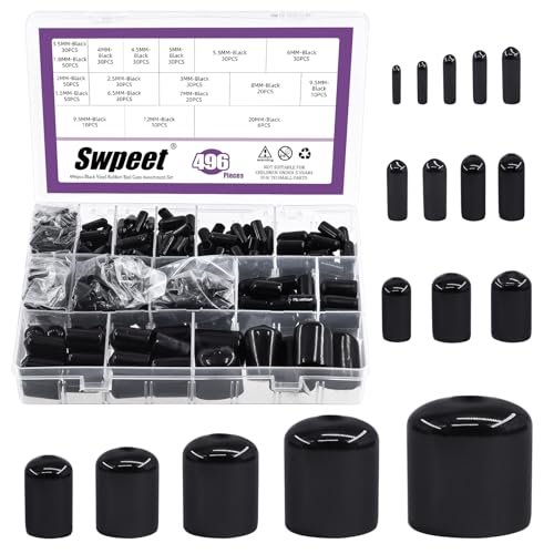 Swpeet 496Pcs 17 Sizes 1.5mm-20mm Black Vinyl Rubber End Caps Assortment Kit, Flexible Screw Thread Protector...