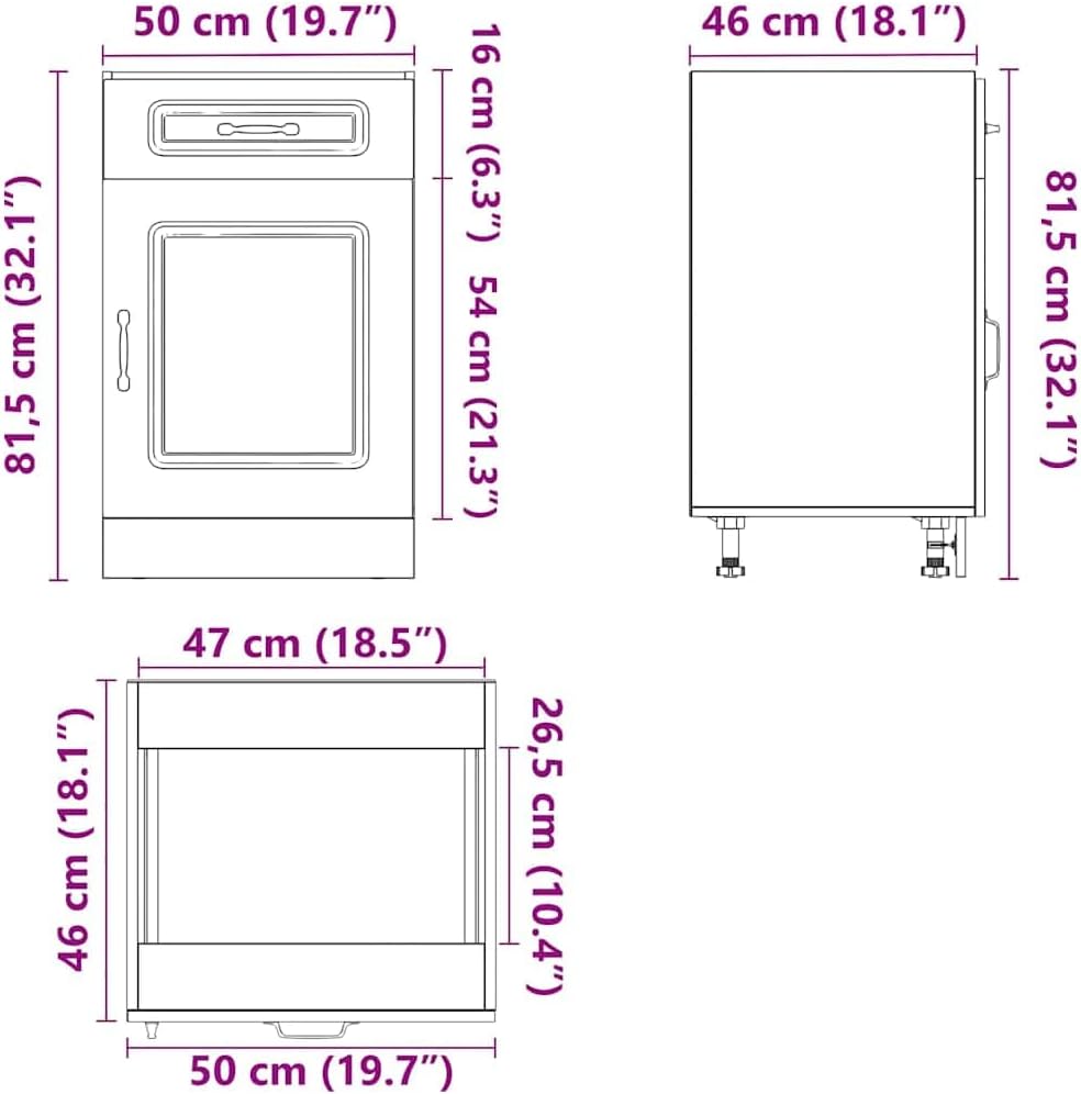 Diagram showing the dimensions of the vidaXL Kitchen Base Cabinet in centimeters and inches.