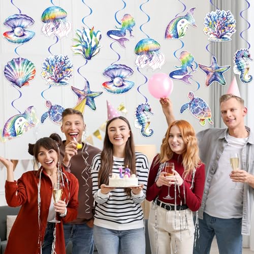 Image of 40Pcs Mermaid Hanging Swirl Decorations, Watercolor Mermaid Birthday Party Ceiling Hanging Swirls Mermaids Foil Swirls Streamers for Mermaids Themed Birthday Summer Ocean Party Decor Supplies