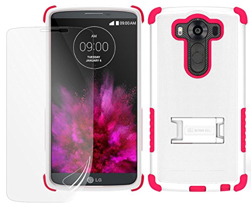 BEYOND CELL White/Pink TRI-Shield Rugged Soft Skin Hard CASE Cover with Kickstand + Screen Protector for LG V10 Phone (H961N, H900, H901, VS990, F600)