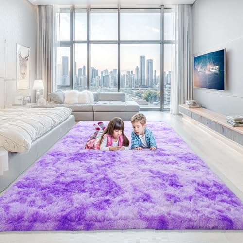 Area Rugs for Bedroom Living Room, 4x6 Soft Large Fluffy Fuzzy Shag Plush Furry Carpet, Soft Indoor Floor Mat for Kids Nursery Home Dorm Office Decor Aesthetic, Tie Dyed Purple