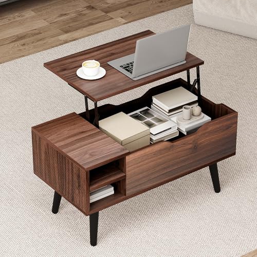 TAUS Mesa auxiliar con compartimento oculto, mesa de sala de estar con estante de almacenamiento ajustable, mesa de centro con almacenamiento para sala de estar, estudio, oficina, nogal