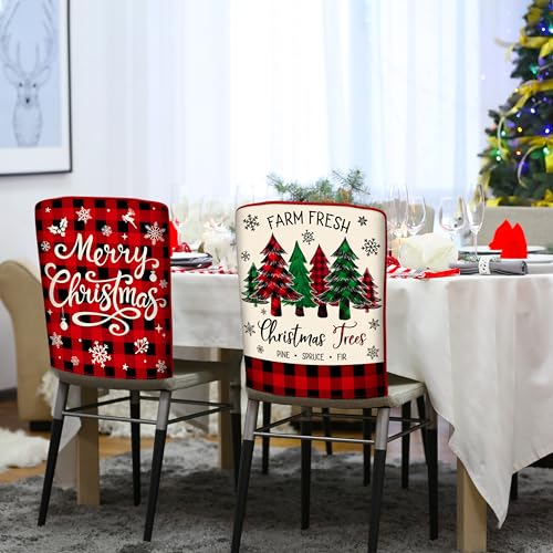 Image of TREWAVE Christmas Chair Covers Set of 6 Buffalo Plaid Chair Back Covers Holiday Dining Chair Slipcovers Protector Kitchen Dining Room Decor Festival Party Decoration