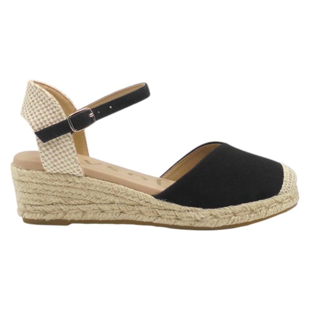 mysoft - 25M102 Alpargatas Beige de Mujer con Cuña 3 cm, Plataforma 2 cm, Cierre de Hebilla, Fabricadas en Piel Sintética, Planta de Gel Acolchada y Puntos de Relajación para: Mujer