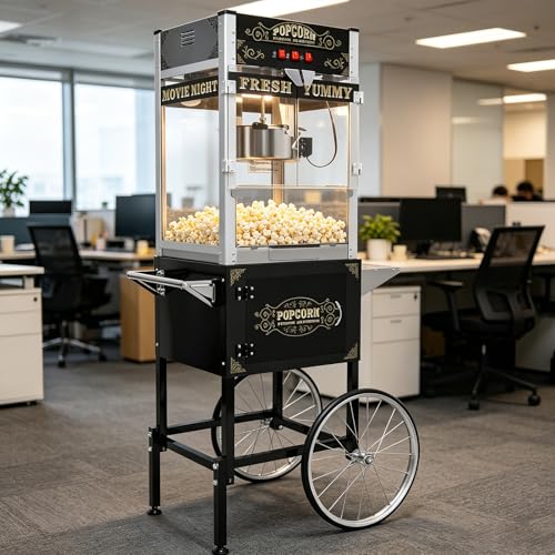 Image of Commercial Popcorn Machine with Cart - 32OZ Kettle Popcorn Makers With Heating Stainless Steel Pot 3-Switch Control for Business, Corporate, School, Institutional, Theater, Carnival, Church, Black