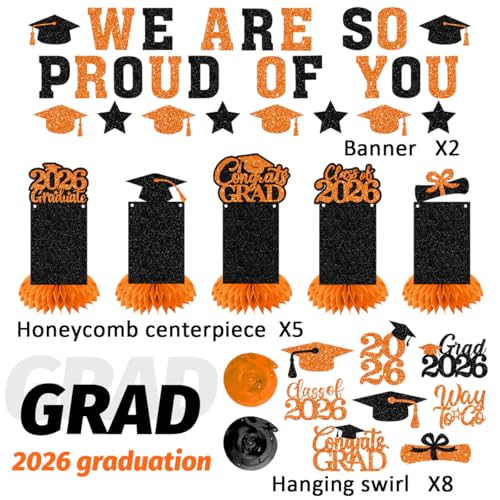 Image of Graduation Decorations 2026 - Orange Congrats Grad Party Supplies Include Glitter We are So Proud of You Banner, Hanging Swirls and Honeycomb Centerpieces for Photo Toppers