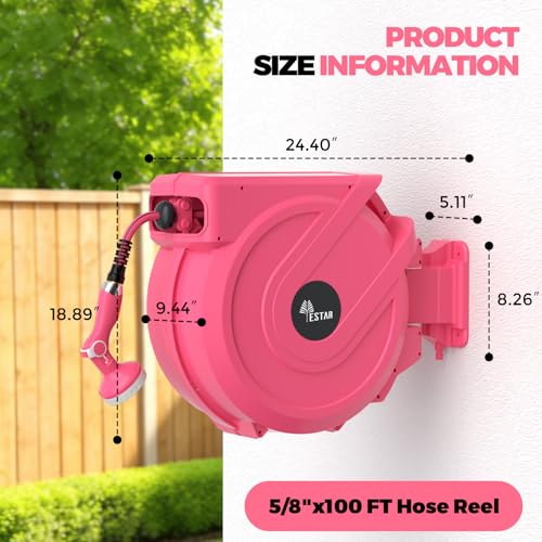 Image of Retractable Garden Hose Reel 5 /8 in x100 ft, Heavy Duty Wall Mounted Hose Reel with 10- Function Sprayer Nozzle, Any Length Lock /Automatic Slow Return System,180 Swivel Bracket
