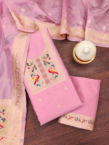 Image of DEVANGI Women's Banarasi Silk Unstitched Salwar Suit Dress Material With Dupatta