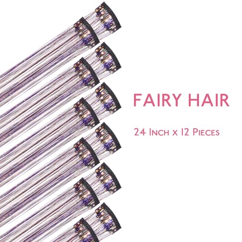 Image of WENNALIFE Hair Tinsel kit for Girls, Clip in Rainbow, 12PCS 24 Inch Hair Accessories for Women Clip in Colorful Glitter Tinsel Hair Fairy Girls Hair Accessories for Kids