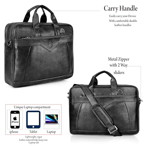 Image of PU Leather Laptop Bag | Structured Office Messenger Briefcase with Adjustable Shoulder Strap | Executive Laptop Bag for Office & Travel