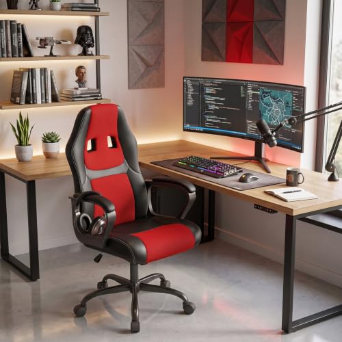 Image of BestOffice Office Chair PC Gaming Chair Cheap Desk Chair Ergonomic PU Leather Executive Computer Chair Lumbar Support for Women, Men (Red)