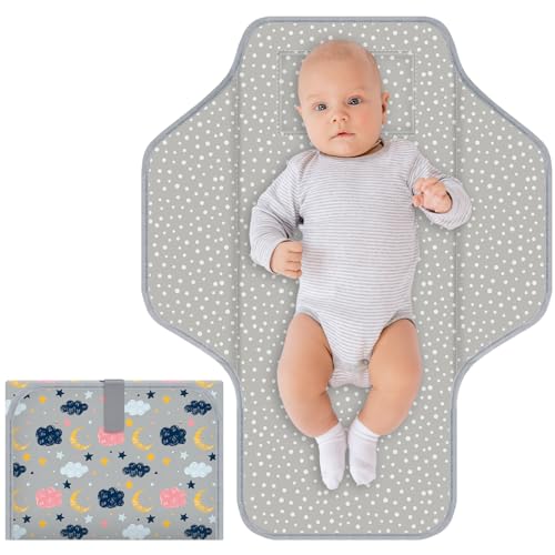 Image of CUXFLS Baby Portable Diaper Changing Pad, Foldable Travel Diapering Changing Mat with Built-in Pillow, Waterproof Compact Changing Pad for Newborn Baby Changing Station, Infant Gift（Grey Cloud）