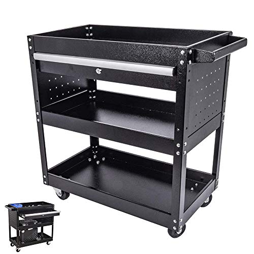 Eco Home Big Tool Cart,3-Tier Rolling Tool Cart, 330 LBS Capacity Utility Cart with Drawer and Wheels,Big Tool Storage Cart and Tool Organizer,Tool Cart&Tool Chest for Garage and Warehouse (Black)