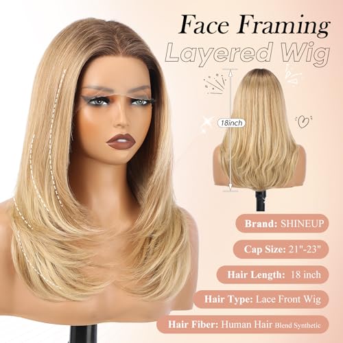 Image of EMMOR Human Hair Wig for Women 13x5x1 Inch HD Lace Front Wig 18 Inch Layered Glueless Wigs Pre-Plucked Hairline Human Hair Blend Premium Synthetic Fiber for Everyday Wear(Ombre Blonde)
