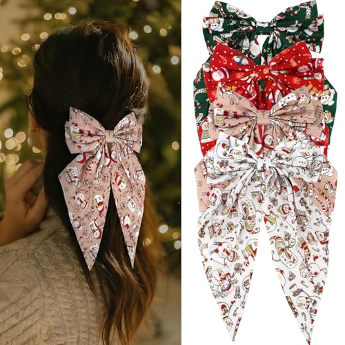CURASA Christmas Hair Bows For Women Girls 4PCS Long Tail Ribbon Bowknot Alligator Barrettes Xmas Satin Hair Accessories Hair Styling Decorations Holiday Party Costume Gifts (Red Green White Beige)
